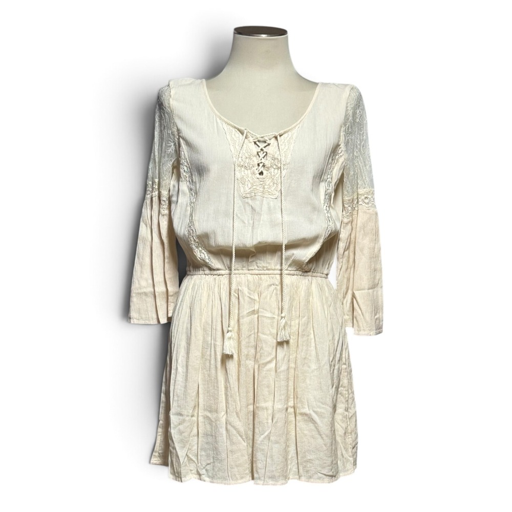 American Eagle Crinkle Mini Tunic Dress Lace Cream Small